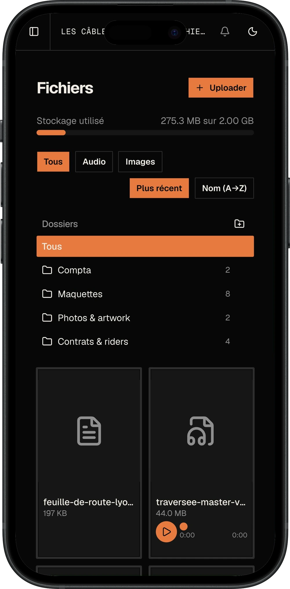 275 Mo utilisés sur 2 Go, les dossiers compta, maquettes, photos et contrats avec leur nombre de fichiers, et les derniers dépôts dont un master audio lisible sur place.