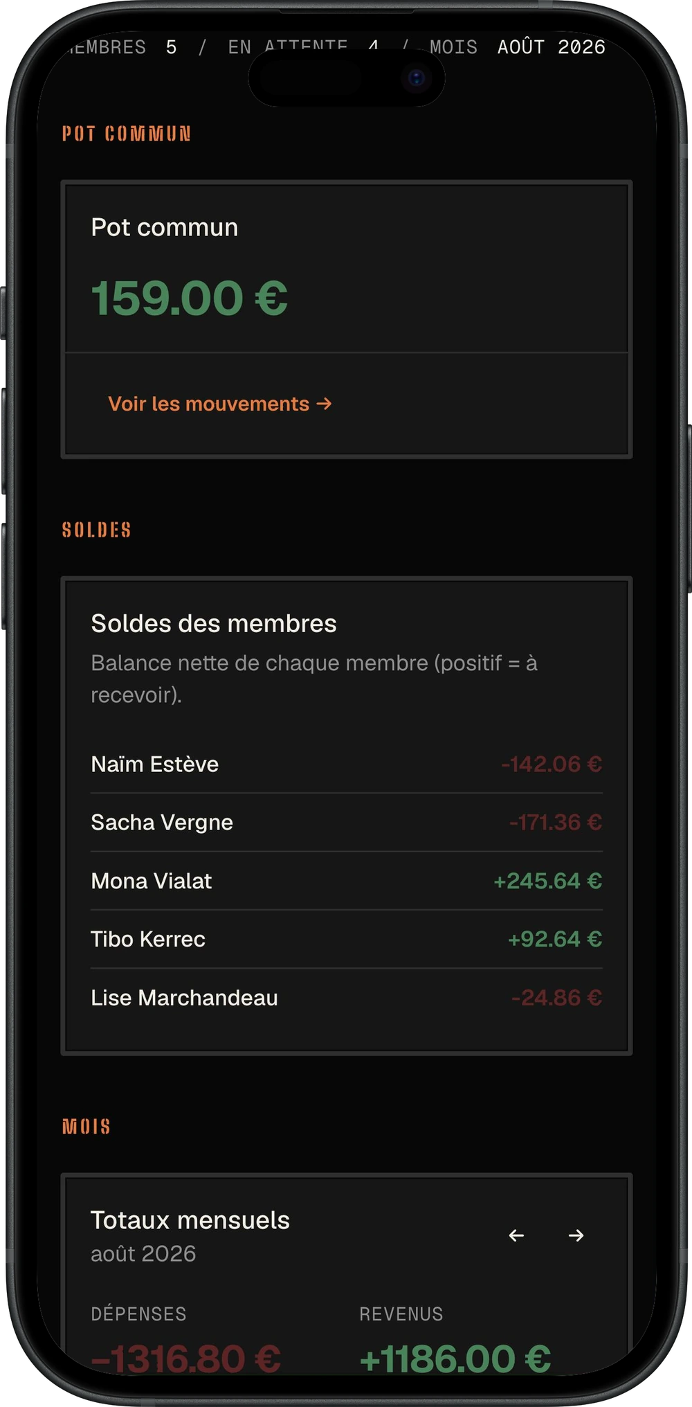 Le pot commun à 159 €, le solde net des cinq membres en vert pour ceux à rembourser et en rouge pour ceux qui doivent, puis les dépenses et les revenus du mois.