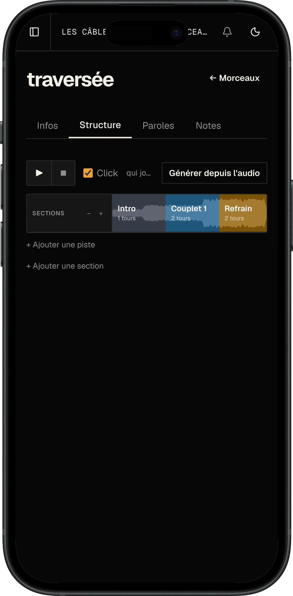 Timeline d'un morceau découpée en sections calées sur les mesures, intro, couplet et refrain avec leur forme d'onde, la lecture en boucle et le bouton d'analyse depuis l'audio.